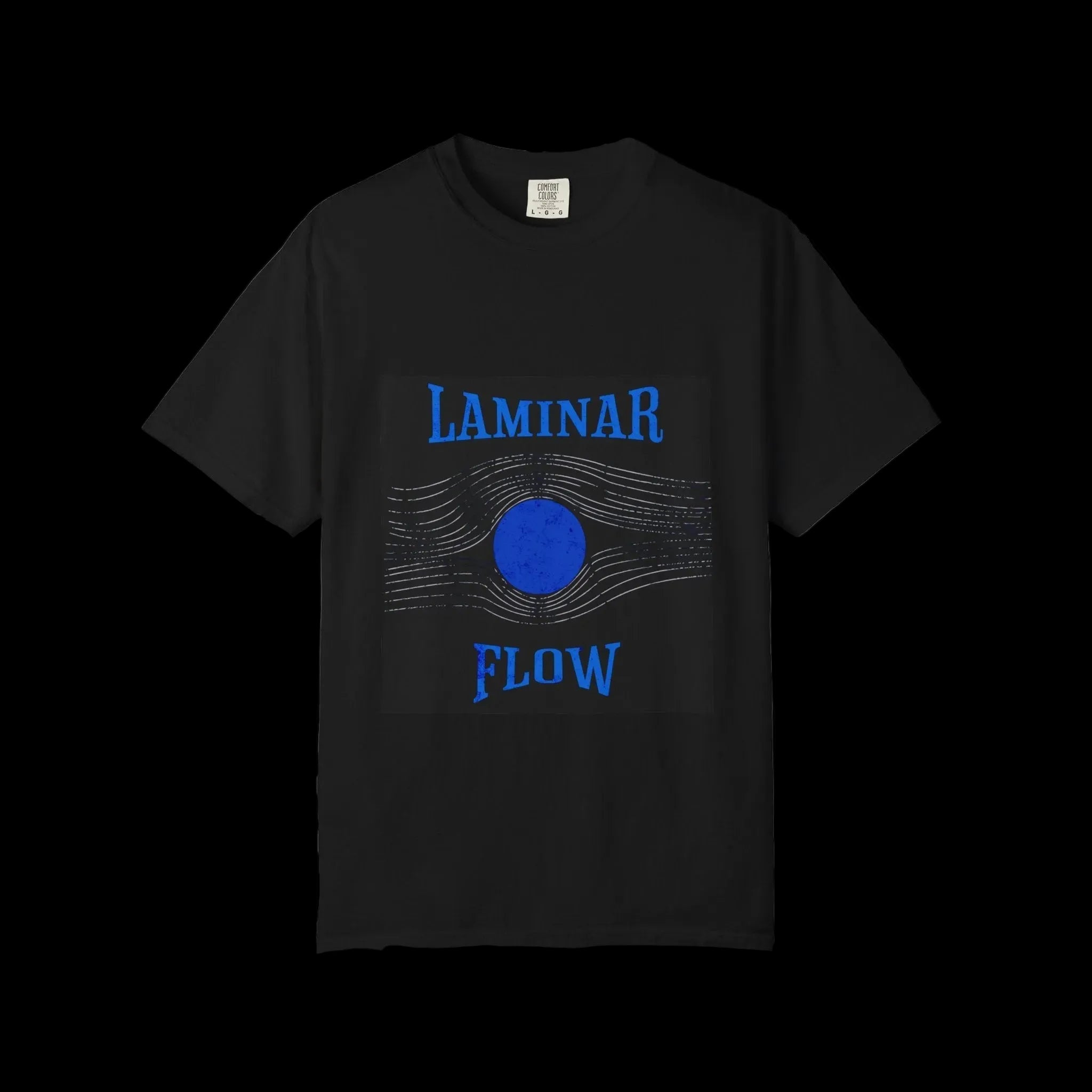 Black t-shirt with blue and white graphic design on a black background
